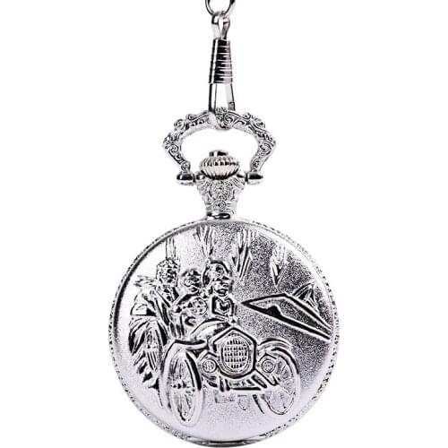 Luxury Vintage Silver Carving Three People Cycling Wings Vintage Pocket Watch and Waist Chain Mens and Womens Accessories