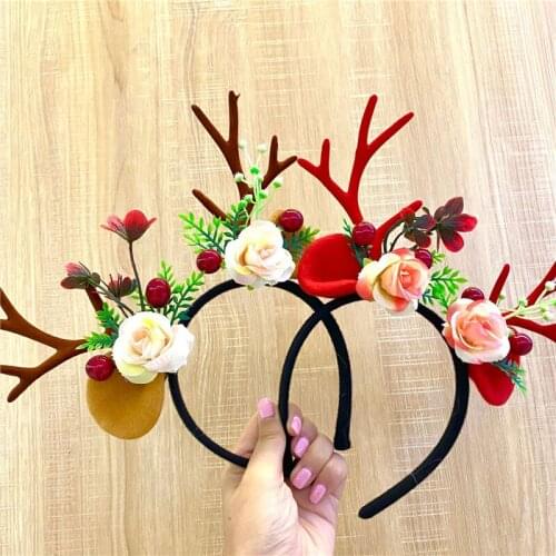 Christmas Headband Flowers and Antlers Headwear Head Hoop Xmas New Year Navidad Headdress Decor