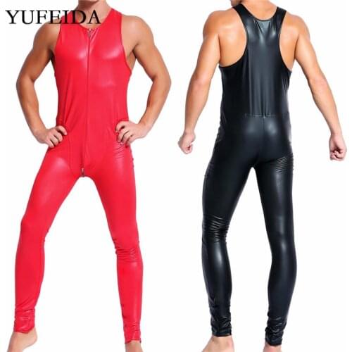 Sexy Mens Undershirts Zipper Bodysuits PU Leather Jumpsuits Male One-piece Dance Clubwear Long Pants Wrestling Singlet Leotard