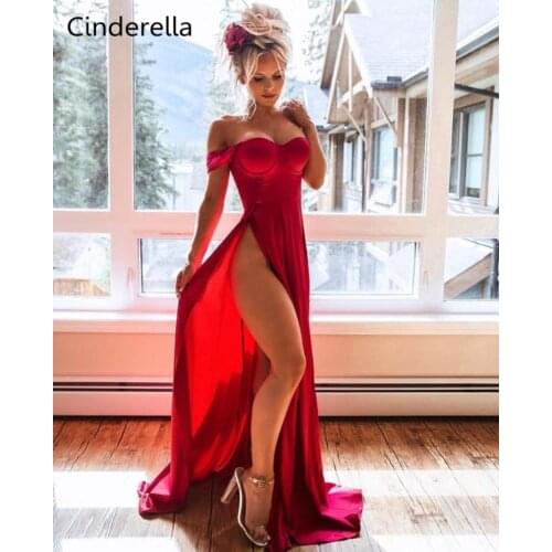 Cinderella Red Sweetheart Off The Shoulder Train Mermaid Silk Satin Prom Dresses Red Zipper Back Court Train Party Prom Gowns