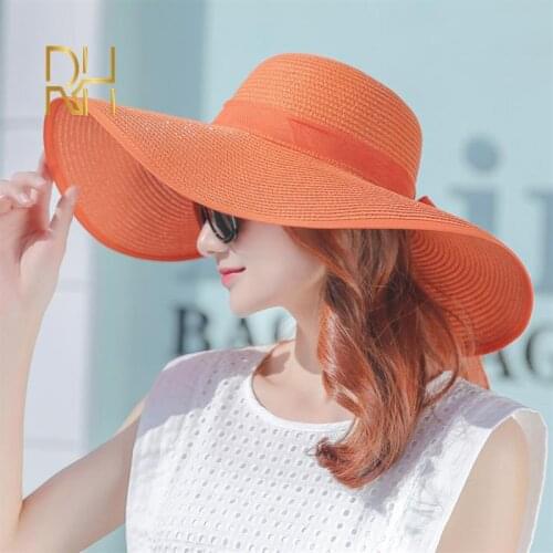 Female Hat summer wide brim straw hat foldable summer beach hat sun protection black piping big ladies sun hat with bowknot