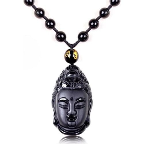 Trendy Obsidian Stone Kwan-Yin Guan Yin Bodhisattva Pendant Women Mens Amulet Lucky Jades Jewelry Pendants+Beads Necklace