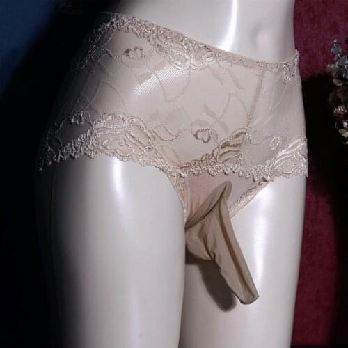 New Sexy Lace gay Shorts Opened Penis Sleeve Breathable Underwear Men Briefs Large Size Open Crotch Oily Penis Pouch Panties