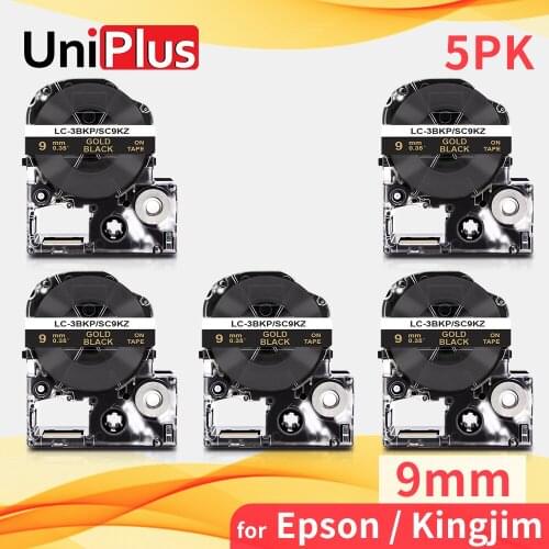 UniPlus 3/8" Label Tape Compatible KingJim Epson 9mm Ribbon Cartridge SC9KZ Gold on Black for Epson Label Printer LW400 LW300