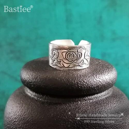 Vintage Peony Flower 9999 Sterling Silver Rings For Women Engagement Antique Ring Adjustable Luxury Jewelry Boho Chinese Ethnic