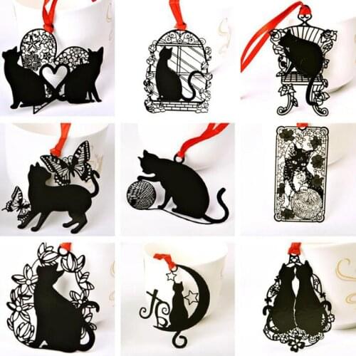 9sets Black Cat Iron Bookmark Lovely and Creative 9Patterns Cat Figurines Miniatures with Card and Envelope Party Decoration