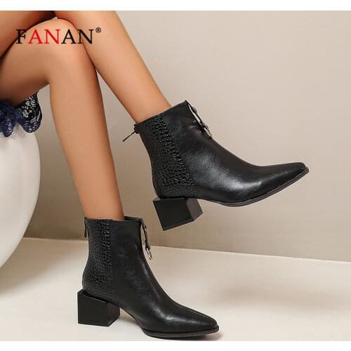 FANAN Women Ankle Boots Snakeskin Pointed Toe Square Heel Chelsea Boots Handmade Ladies Shoes Back Zip Black Leather Shoes Woman