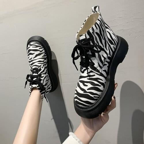 Zebra Pattern Platform Boots Women Round Toe Chunky Heel Ankle Boots for Women Lace up Cross-tied Martin Boots Women