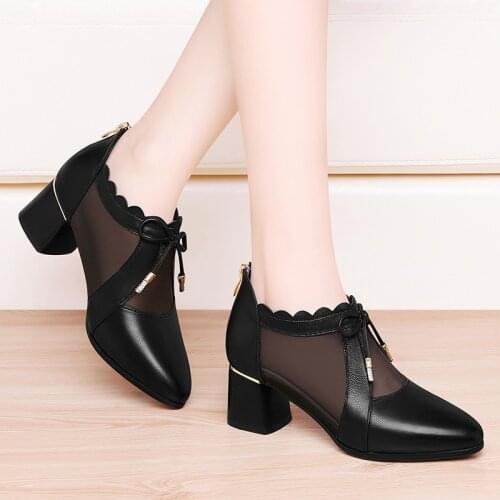 Leather shoes womens thick heel 2021 new hollow high-heeled shoes Joker single shoes mother mesh breathable cowhide