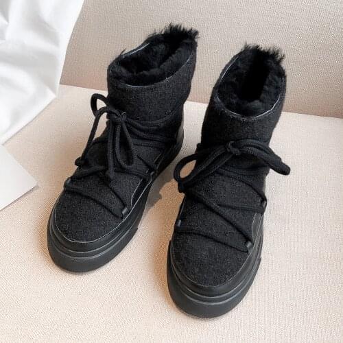 Women Wool Snow Boots Sweet Style Winter Flat Ankle Boots for Girls Winter Women Fluffy Shoes Femmes Bottes Chaussure Femme