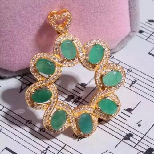 Natural green emerald pendant S925 silver Natural Gemstone Pendant Necklace trendy elegant ball round women party fine jewelry