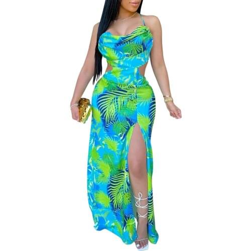 Women Long Sling Skirt Split Open Back Digital Printed Dress With Cross Bandage Behind For Spring And Summer Sexy Dress