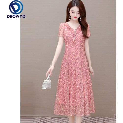 Printing Gauze Sweet A-line Floral Dress Women Fashion Elegant Mid-Calf Dresses Ladies Korean Summer Short Sleeve V-neck Dresses
