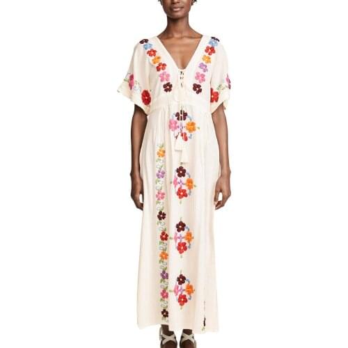 Rayon Embroidery Dress Women Vintage A-line Short Sleeve Tassel Floral Dresses Summer Gypsy Chic Ethinc Cotton Long Dresses New