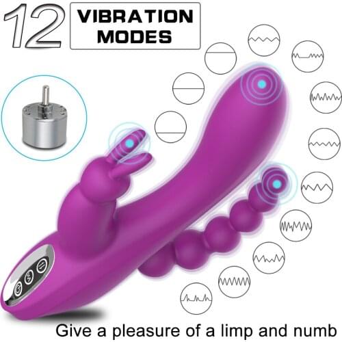 12 Function Rabbit Vibrator G-spot and P-spot Anal Vibrator Triple Curve Rechargeable Clit Stimulator Dildo Vibrator for Women