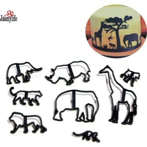 8PCS Animal Cookie Cutter Plastic Elephant Lion Giraffe Leopard Fondant Cutter Safari Silhouette Cake Mold Cake Decorating Tools