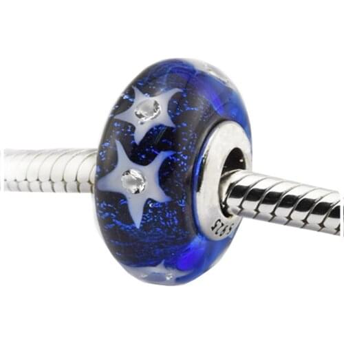 Authentic 925 Sterling Silver Charms Starry Night Sky Murano Glass Metal Beads Fits Original 925 Charm Bracelets