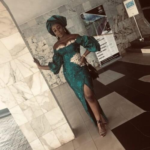 Elegant Split Prom Dresses Aso Ebi Style Strapless Puffy Sleeves Lace Evening Dress Women Sexy Long Apppliques Party Dress