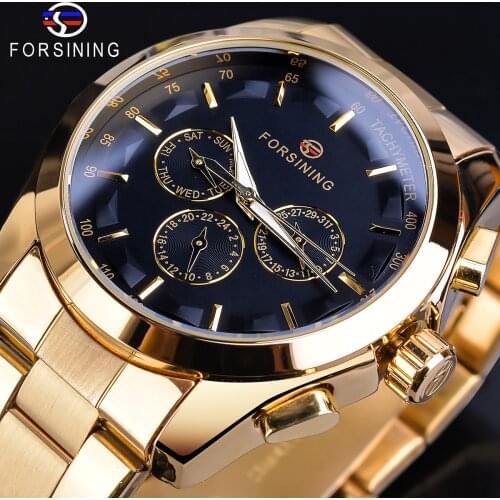 Forsining Golden Men Mechanical Watches 3 Dial Design Automatic Calendar Elegant Gentleman Business Full Steel Wrist Watch Clock