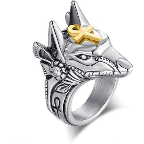 Stainless Steel Egypt Cross Anubis God Finger Rings For Men Women Punk Wolf Head Knuckle Ring Statement Retro Jewelry