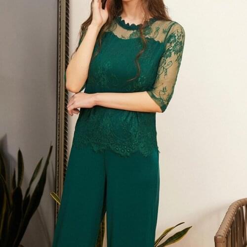 Fashion Women Jumpsuit Rompers 2019 New Solid Color Sexy Seven-point Sleeve Lace Splice Wide Leg Jumpsuit Women Jumpsuit Rompers