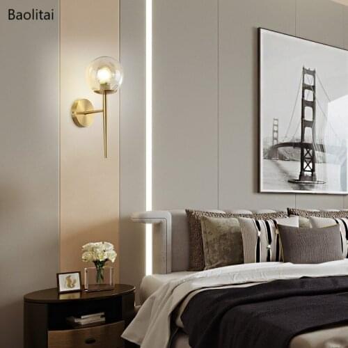 Nordic Pure Copper Wall Lamp E27 220V Modern TV Backdrop Bedside Bedroom Living Childrens Room Glass Ball Home Decoration Light