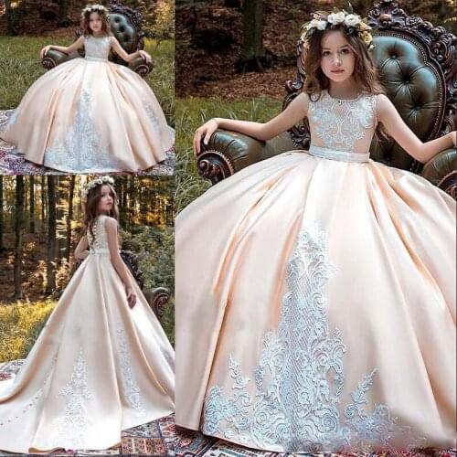 New Arrival Ball Gown Girls Pageant Dresses Lace Applique Jewel Neck Dresses Jewel Neck Kids Prom Dresses Birthday Party Gowns V