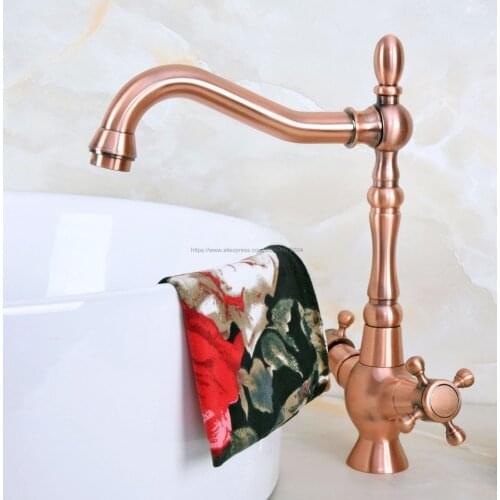 New Antique Red Copper Double handle Restroom bathroom wash basin faucet Hot and cold bath sink tap Nnf617