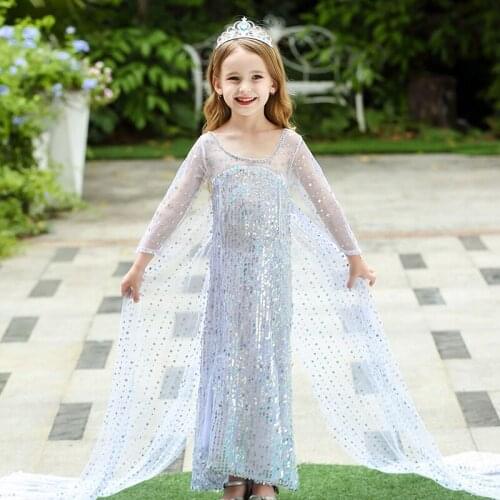 Ruifglasb Princess Elza dresses children Sequined full Sleeve Girls Dress Children Costume for Kids Clothes White 3-8T