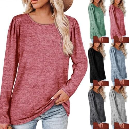 Sweat Absorbing Comfy Pleated Shoulder Tunic Top Quick Drying Casual Blouse Long Sleeve for Daily Wear