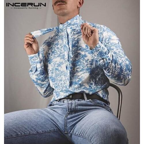 2021 Men Shirt Printing Lace Up Long Sleeve Leisure Camisa Masculina Vintage Streetwear Button Casual Men Clothing INCERUN S-5XL