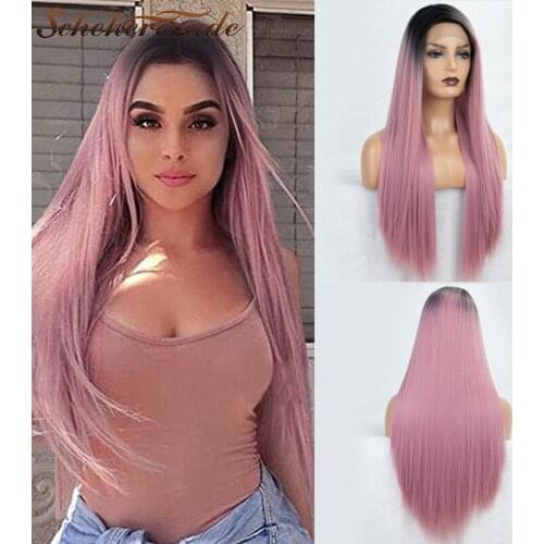 Scheherezade Pink Synthetic Lace Front Wigs For Women Long Straight Synthetic Lace Wigs Heat Resistant Fiber Party Cosplay Wigs