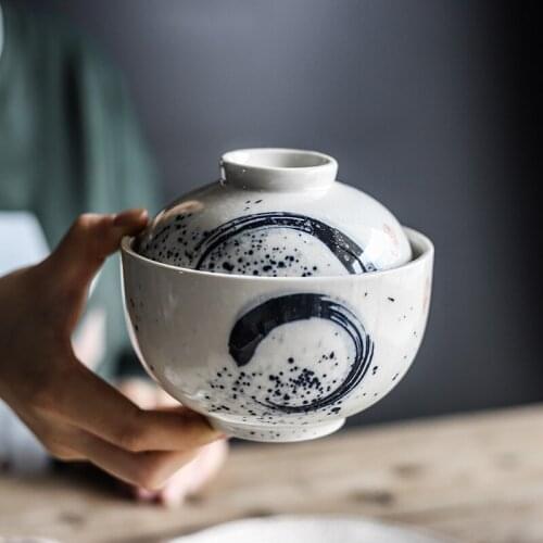 Japanese-style ceramic hand-painted bowl Dessert and Stew soup bowl pot with lid Ramen mixing bowl set Noodle bowl