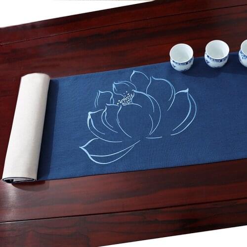 Embroidery Cotton Linen Chinese Table Runner Lotus Cloud Rectangle Tea Mat Decoration Coffee Table Cloth Dining Table Pads