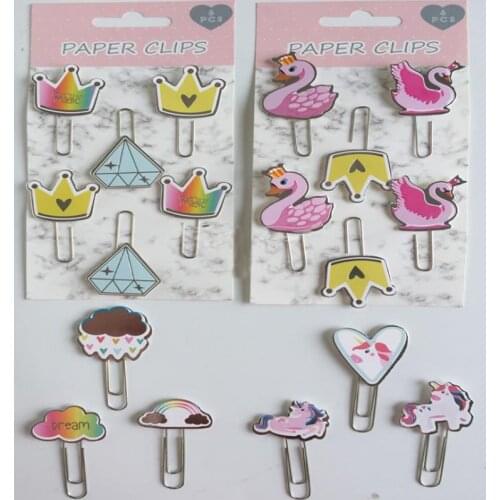 6 Pcs/pack Cartoon Unicorn Swan Crown Cloud Design Paper Clip Bookmark Metal Paper Memo Message Clips Gift Stationery Supply