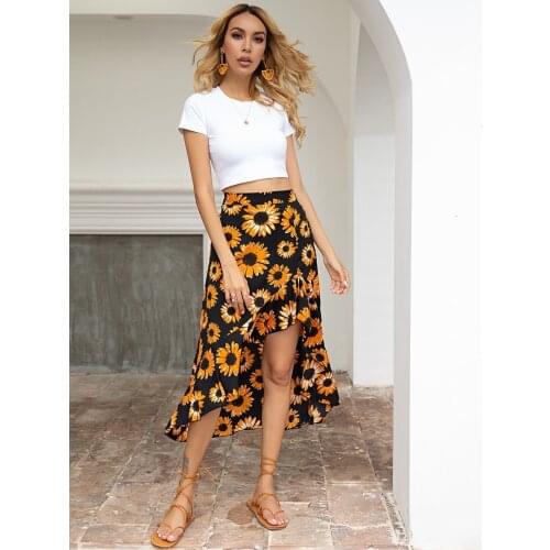 Women Fashion High Waist Sunflower Floral Print Skirt Stylish Irregular Hem Skirt for Ladies Female