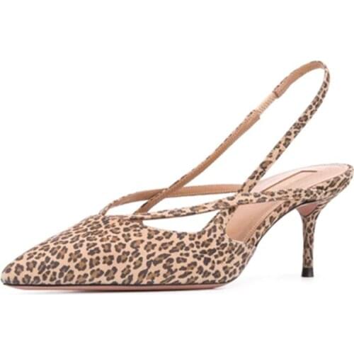 Leopard Print Sexy Sandals Women Cross Strap 6.5Cm High Heels Summer Sandals Pointed Toe Elastic Band Slingback Dress Shoes 43