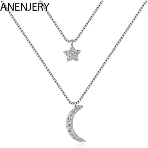 ANENJERY 925 Sterling Silver Double-layer Zircon Moon Star Necklaces For Women Short Chain Choker Gift S-N389