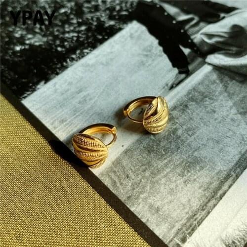 YPAY 100% Genuine 925 Sterling Silver Hoop Earrings for Women Vintage INS Geometric Shell Design Circle Earring Jewelry YME701