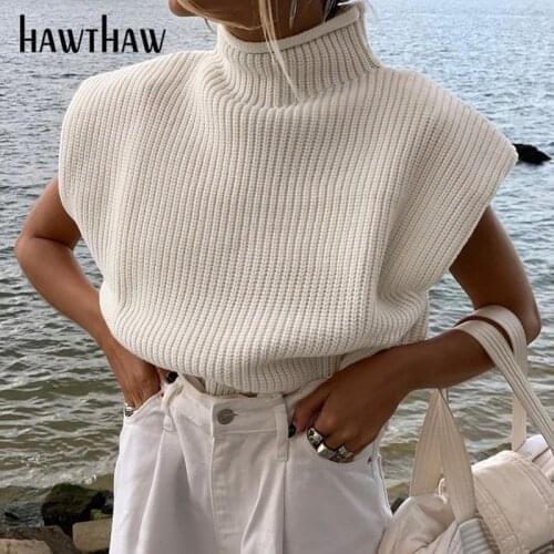 Hawthaw Women Autumn Winter Sleeveless Female Knitted Mock Neck White Sweater Vest Pullober 2020 Fall Clothes Streetwear