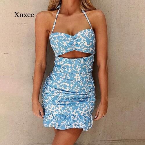 2021 Summer Dress Hollow Print Bandage Sleeveless Hanging Neck Ruffle Mini Womens Dress Blue Sexy Beachwear
