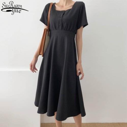 Korean Women Summer Dress Solid High Waist Square Collar Short Sleeve Dress for Women Casual Loose Maxi Dresses Vestido 14140