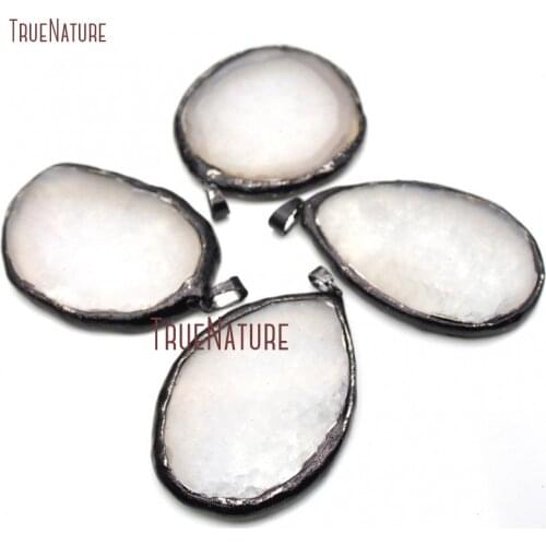 10pcs Milky White Agates Slice Pendant Soldered Stone Gunmetal Plated Slice Charm PM20032