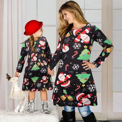 Christmas Matching Dresses Mother Daughter Long Sleeve Santa Claus Print Dress Mommy And Me Family Matching Clothes Family Look