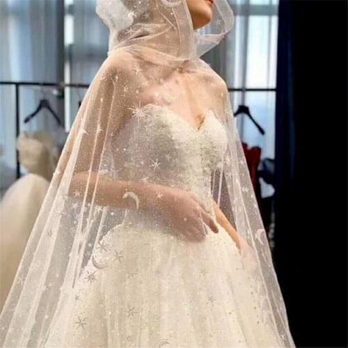 Bling Bling Wedding Veil Bridal Cape White Shiny Glittering Stars Moon Long Cathedral Sequins Shawl Hooded Veil Accessories