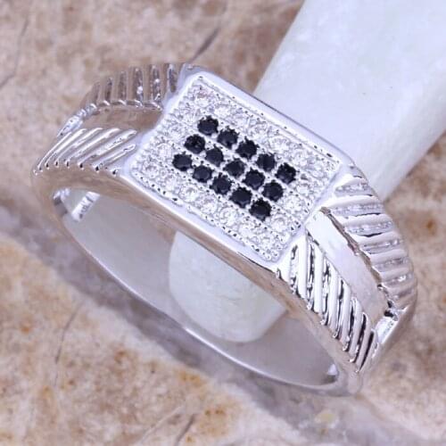 Shining Black Cubic Zirconia White CZ Silver Plated Ring Size 6 / 7 / 8 / 9 E585