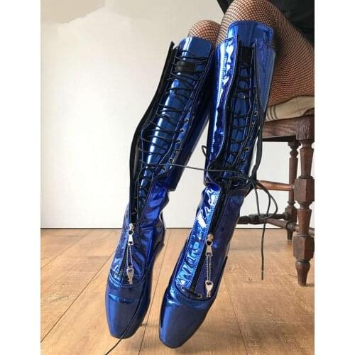 Metallic Royal Blue Boots Woman Sexy Fetish High Ballet Pointe Shoes Women Stilettos Ballet Lockable Zipper Lace Up Unisex Boots