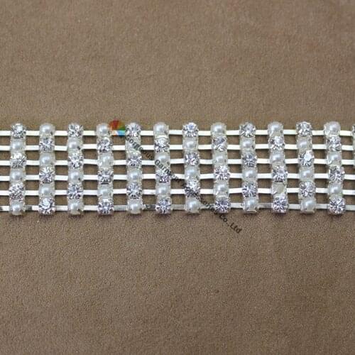 1 yard 2cm Pearl Alternated Crystal Rhinestone Chain Silver Costume Applique Bride Trims DIY Browbands wedding dress decoration