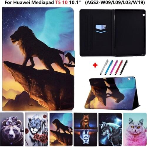 Case for Huawei MediaPad T5 10 10.1 Inch Cover PU Leather Lion Wolf Cat Stand Shell for Tablet Huawei Medi apad T5 10 Case Funda