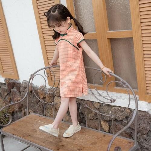 Girls' Cheongsam New Childrens Dress Chinese Style Ancient Dress Plaid Dress for Children Aged 1-8 Y Flower Girl Dresses
